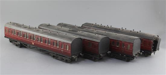 Four scratchbuilt LMS coaches - nos.368, 347, red non corridor, no.312 kitchen car and baggage van